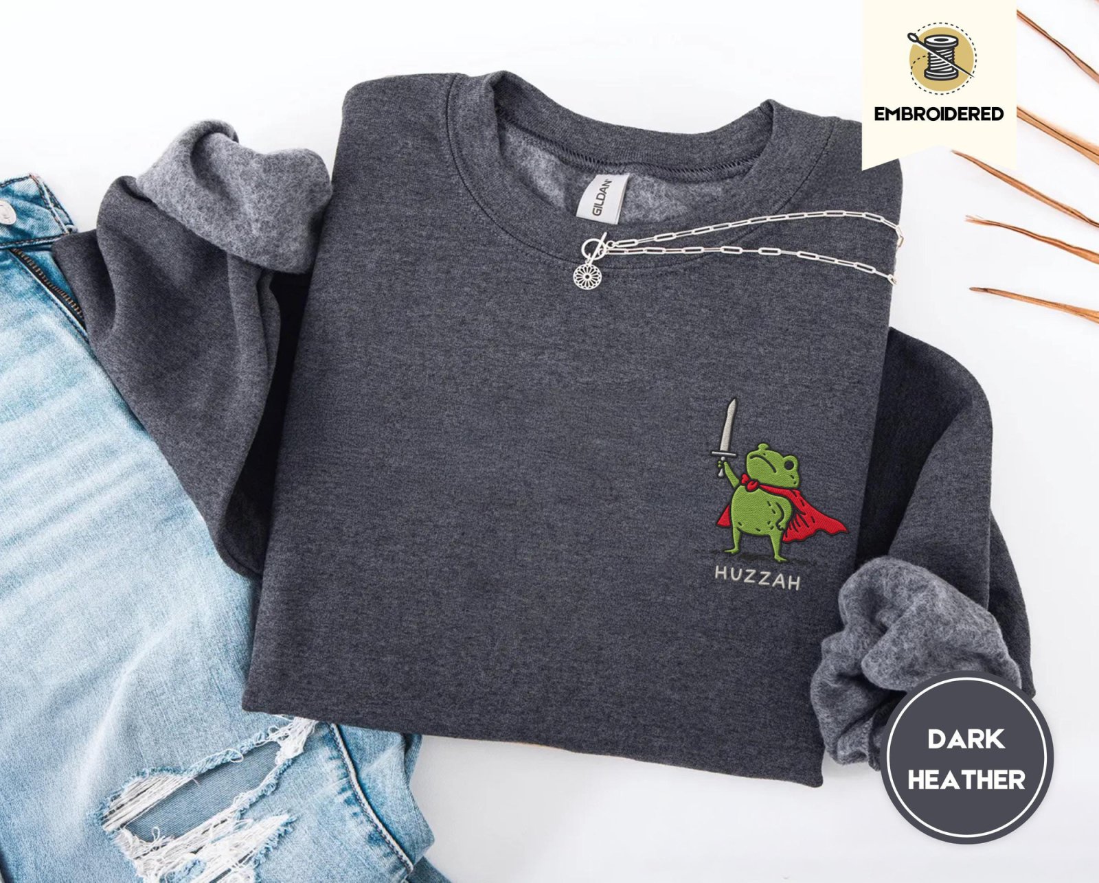 Dark Heather Red Cape Frog Embroidered Sweatshirt