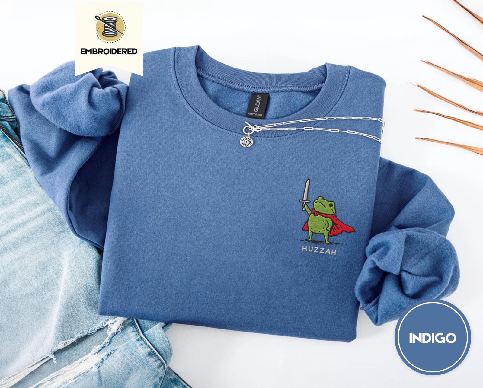Indigo Blue Red Cape Frog Embroidered Sweatshirt