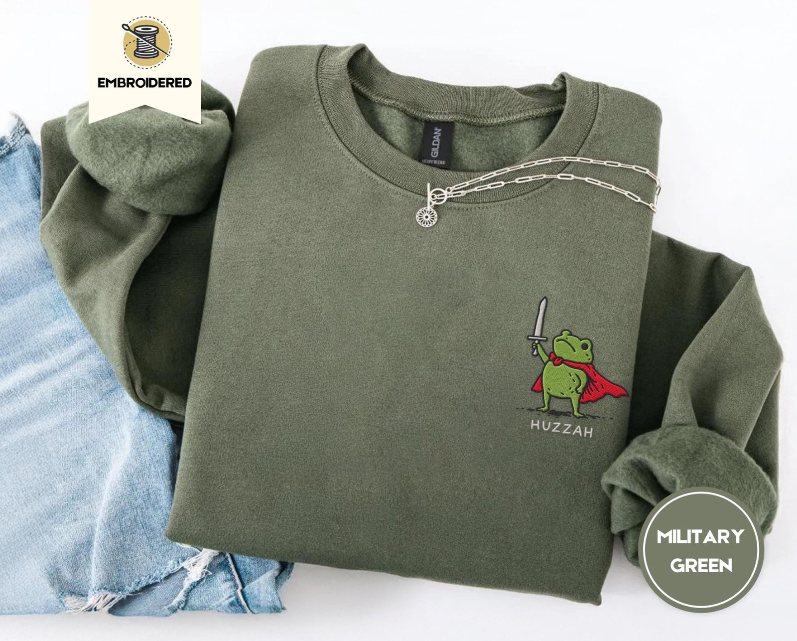 Military Green Red Cape Frog Embroidered Sweatshirt