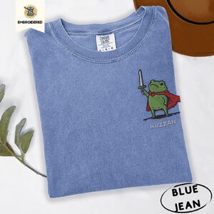 Blue Jean Red Cape Frog Embroidered T-Shirt