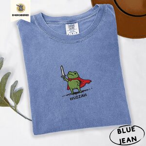 Blue Jean Red Cape Frog Knight Embroidered T-Shirt