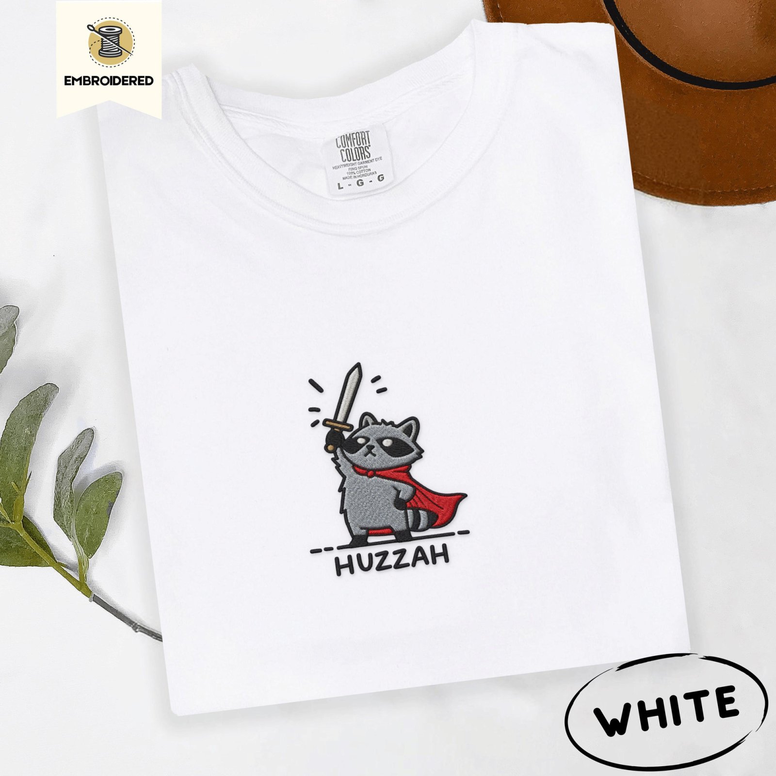 White Red Cape Raccoon Sword Embroidered T-Shirt