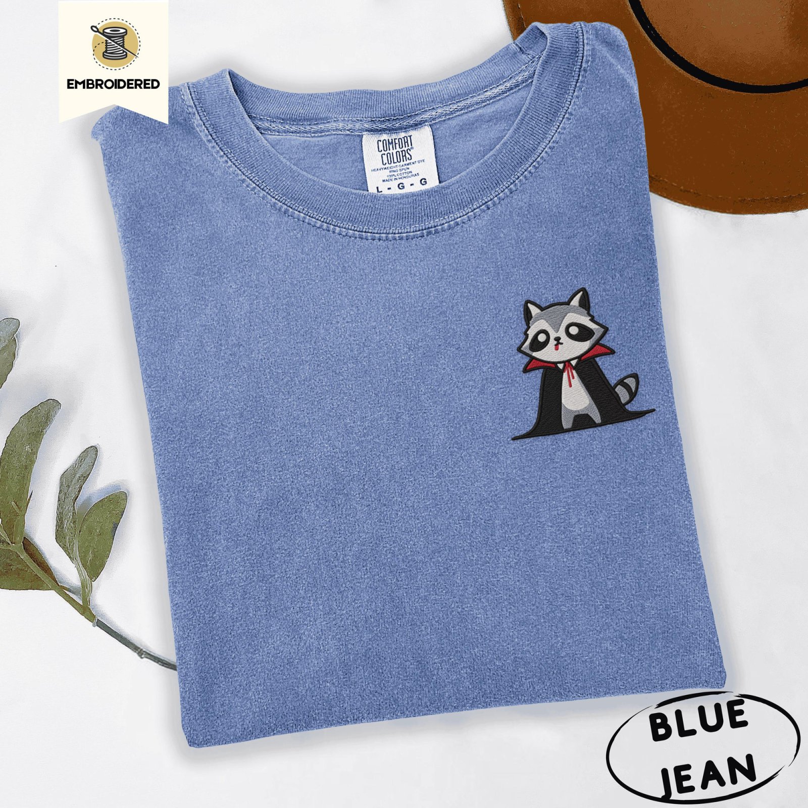Blue Jean Red Collar Vampire Raccoon Embroidered T-Shirt