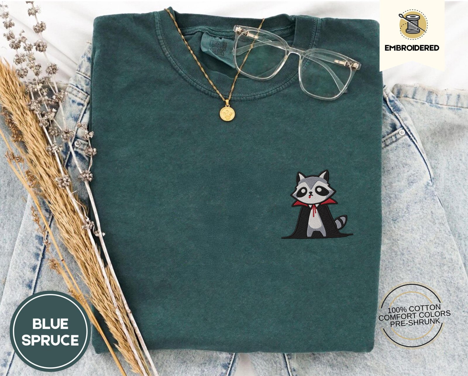 Blue Spruce Red Collar Vampire Raccoon Embroidered T-Shirt
