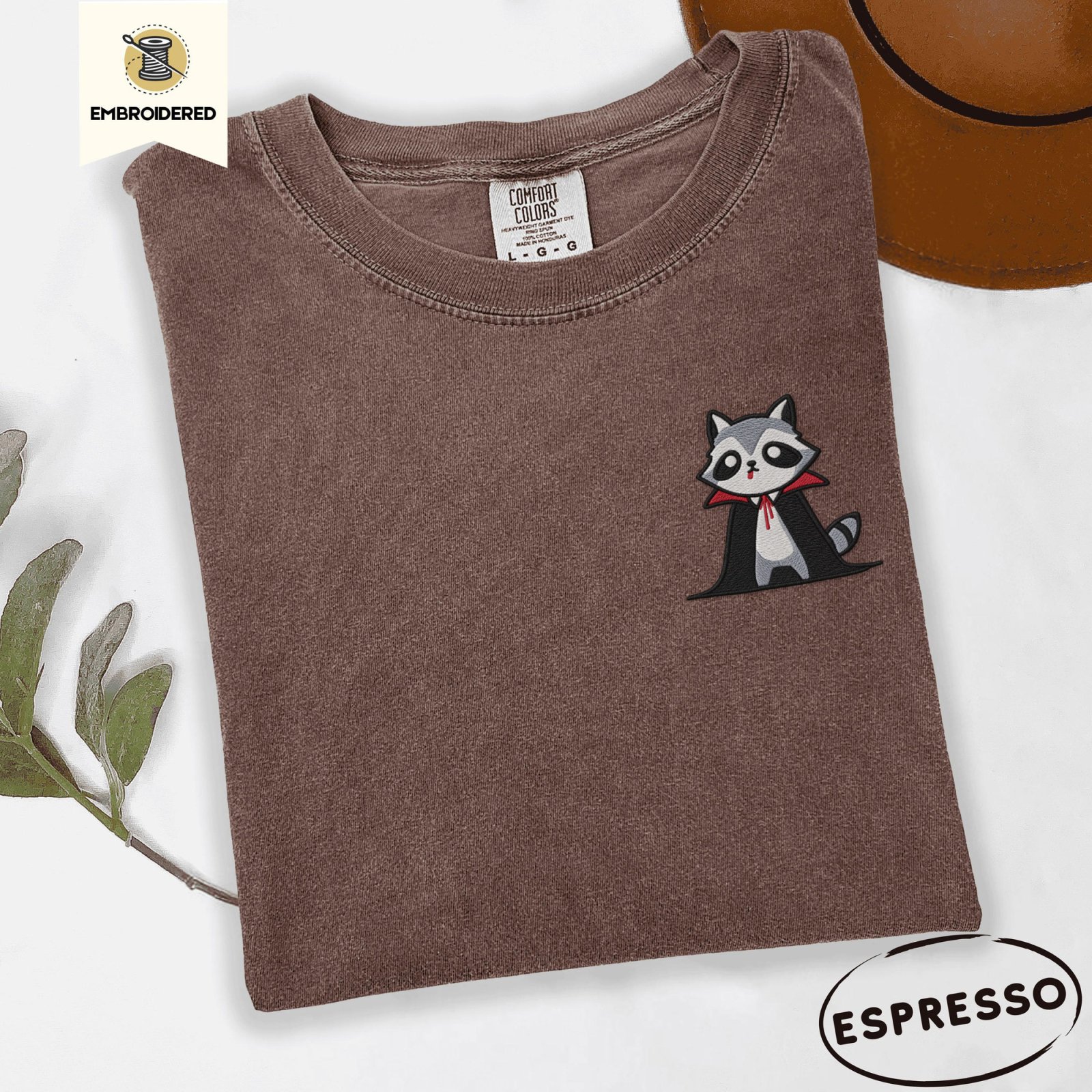 Espresso Red Collar Vampire Raccoon Embroidered T-Shirt