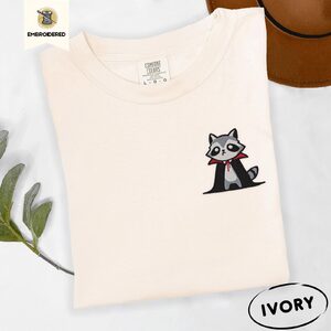Ivory Red Collar Vampire Raccoon Embroidered T-Shirt