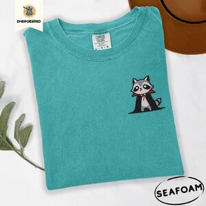 Seafoam Red Collar Vampire Raccoon Embroidered T-Shirt