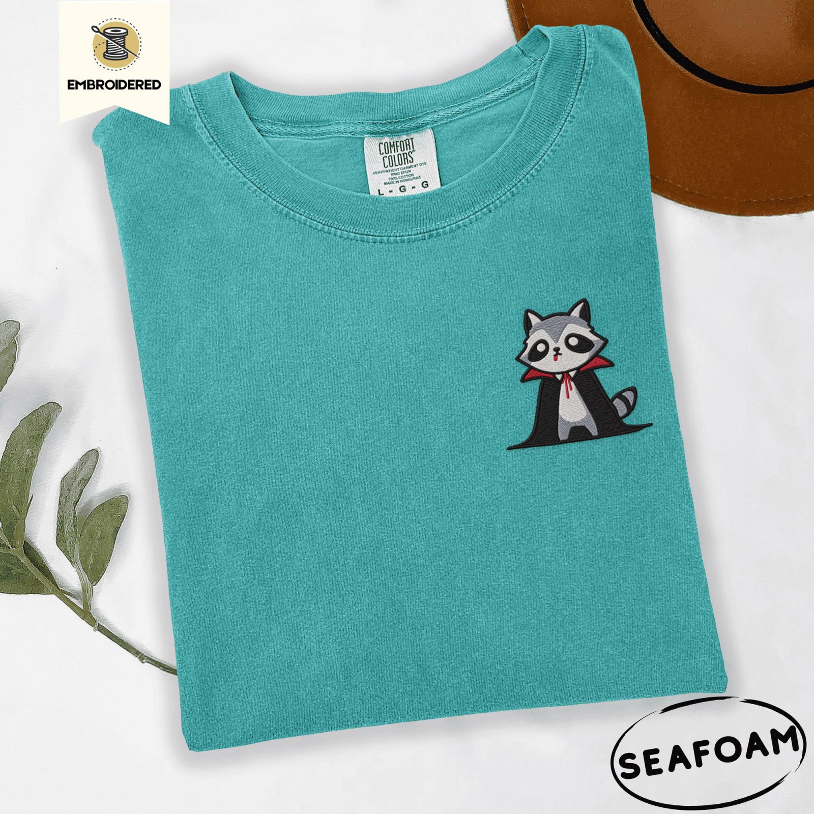 Seafoam Red Collar Vampire Raccoon Embroidered T-Shirt