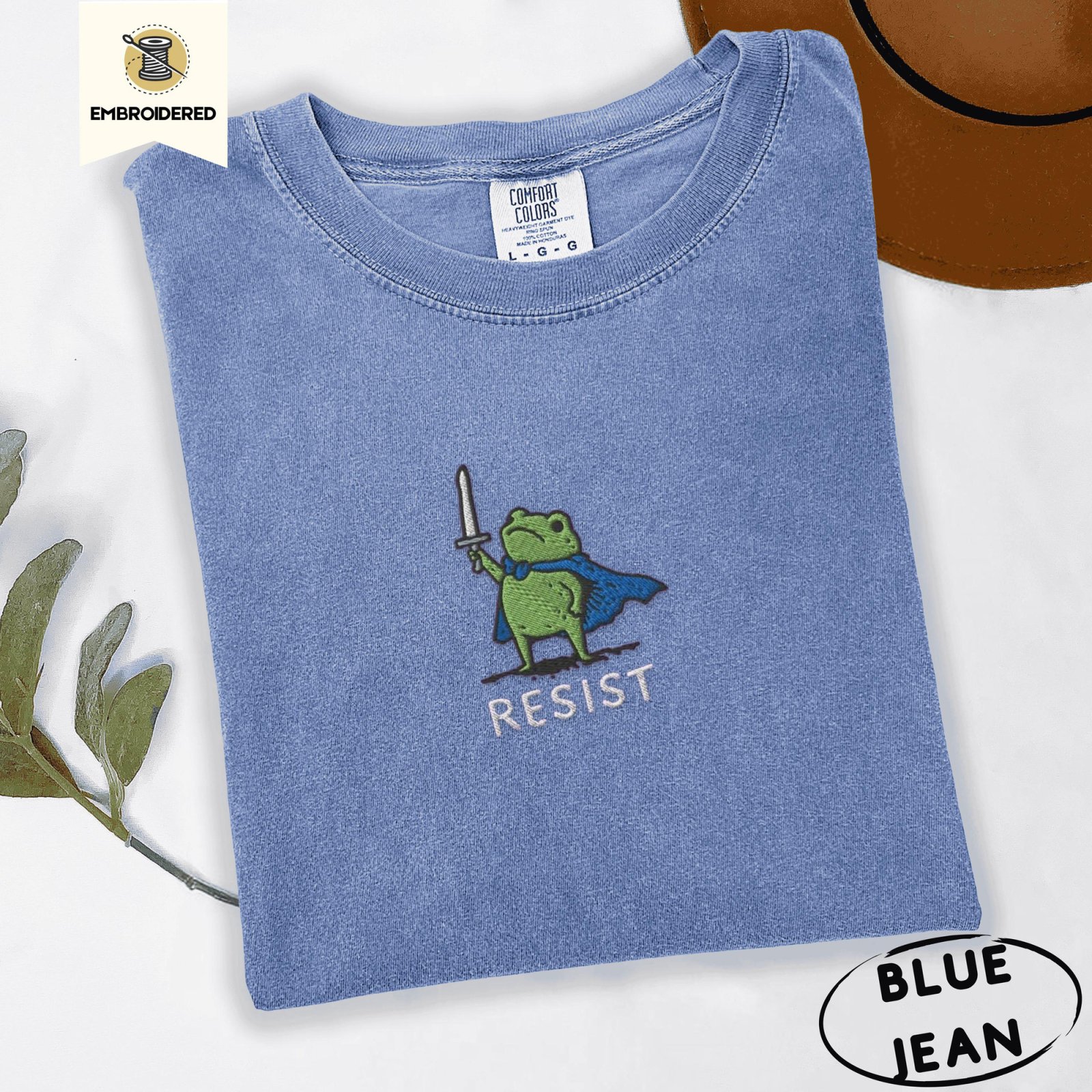 Blue Jean Resist Sword Frog Embroidered T-Shirt