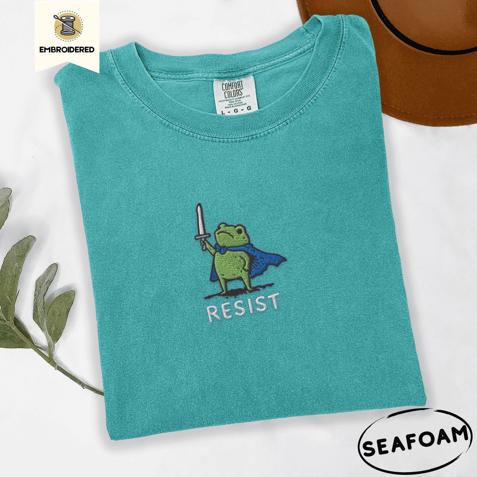 Seafoam Resist Sword Frog Embroidered T-Shirt
