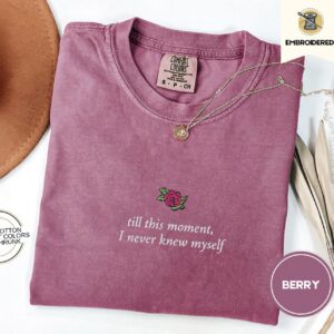 Berry Rose and Literary Quote Embroidered T-Shirt