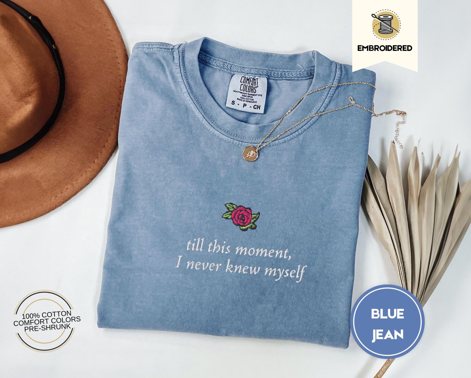 Blue Jean Rose and Literary Quote Embroidered T-Shirt