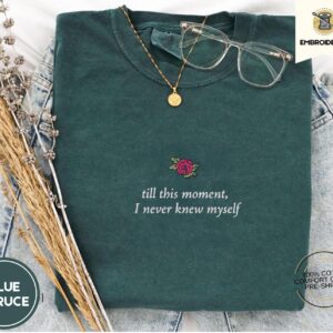 Blue Spruce Rose and Literary Quote Embroidered T-Shirt