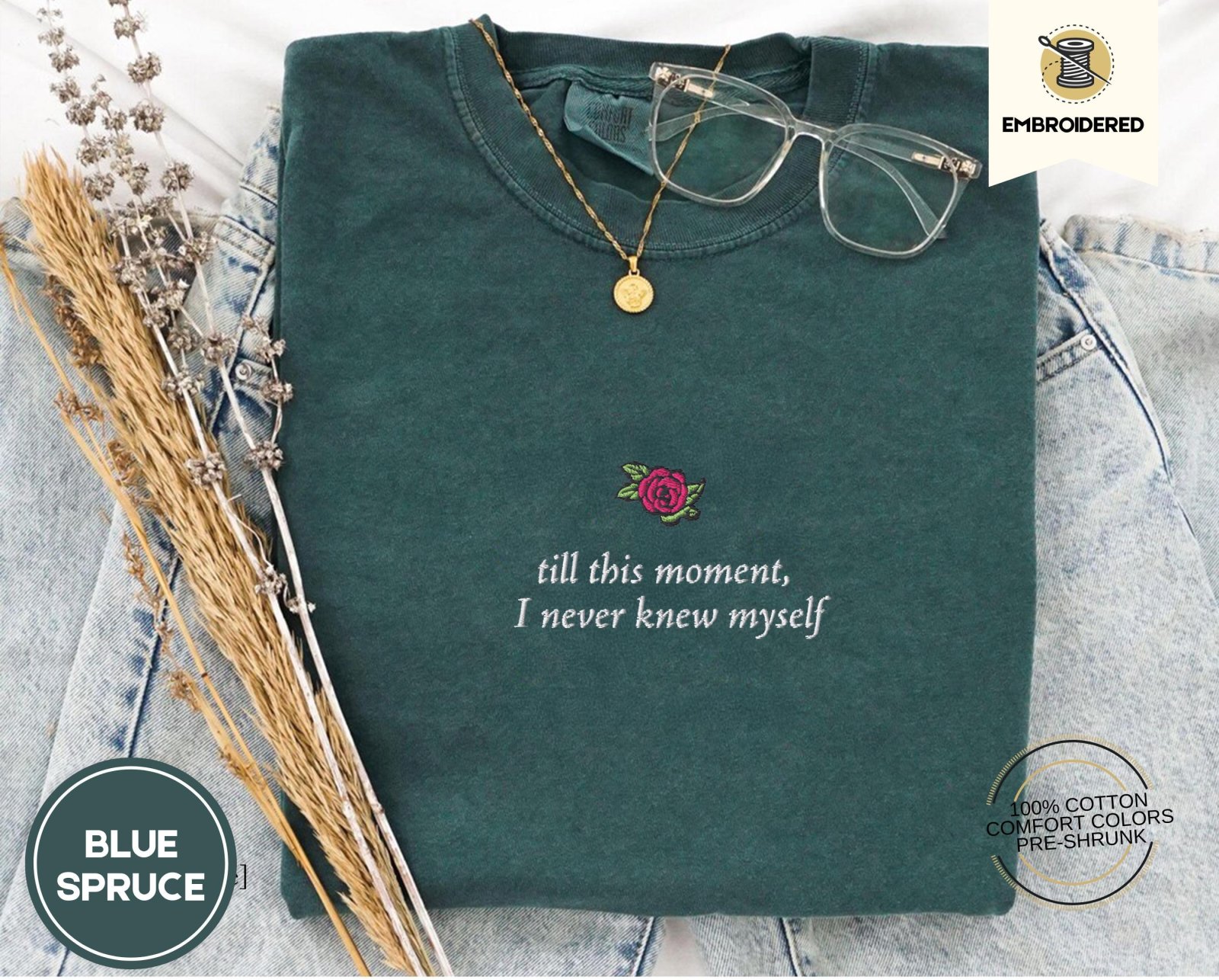 Blue Spruce Rose and Literary Quote Embroidered T-Shirt