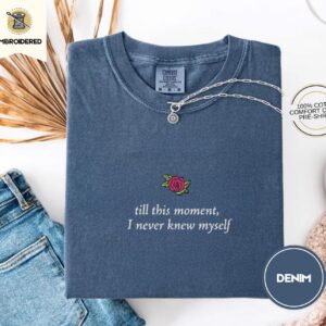 Denim Rose and Literary Quote Embroidered T-Shirt