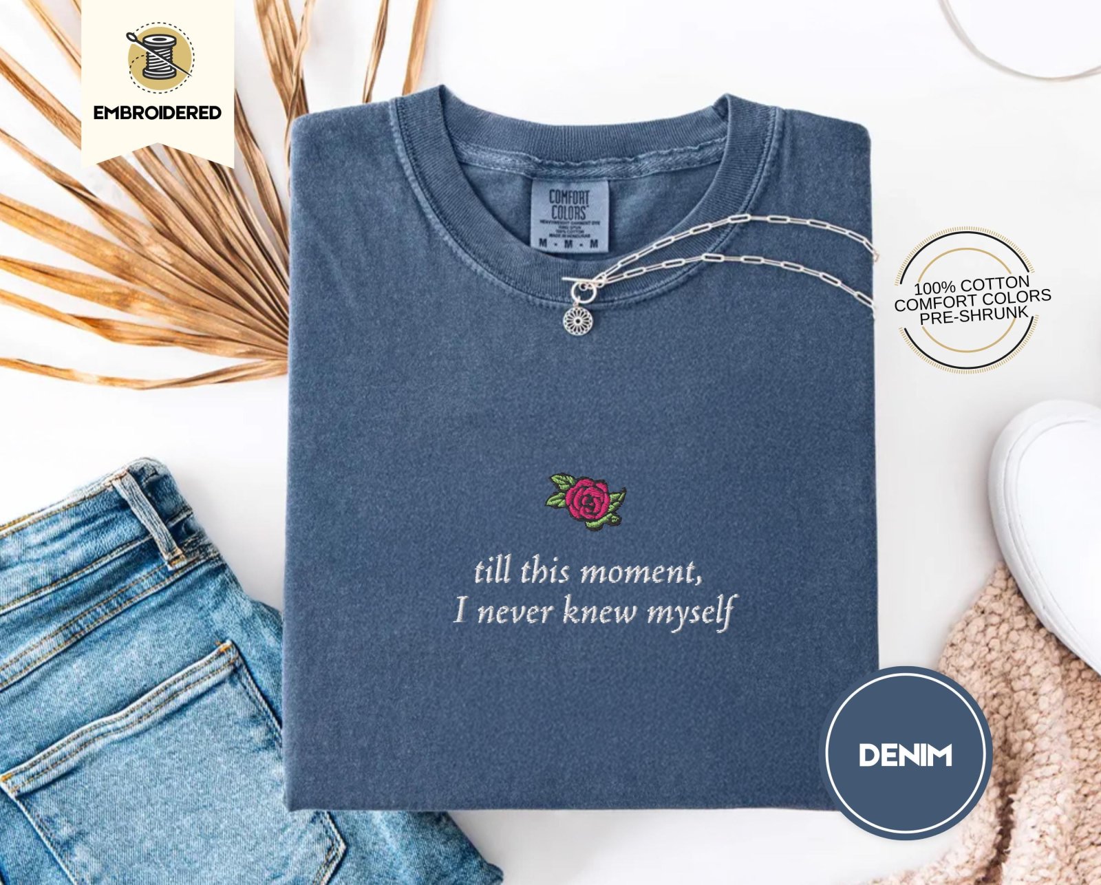 Denim Rose and Literary Quote Embroidered T-Shirt