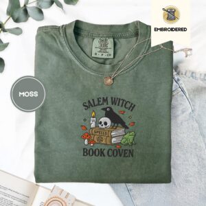 Moss Salem Witch Book Coven Embroidered T-Shirt