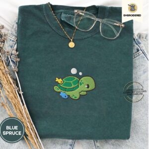 Blue Spruce Sea Turtle and Fish Embroidered T-Shirt