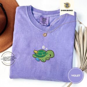 Violet Sea Turtle and Fish Embroidered T-Shirt