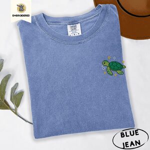 Blue Jean Sea Turtle and Golden Sparkles Embroidered T-Shirt