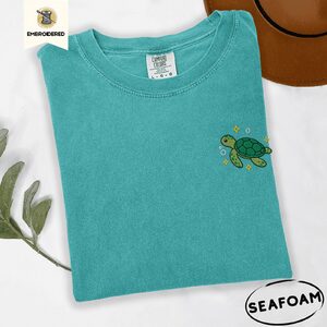 Seafoam Sea Turtle and Golden Sparkles Embroidered T-Shirt