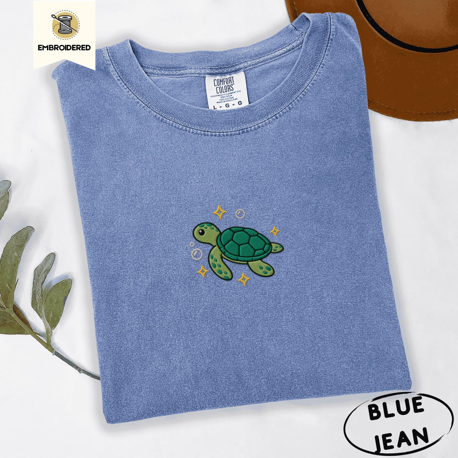 Blue Jean Sea Turtle and Sparkles Embroidered T-Shirt