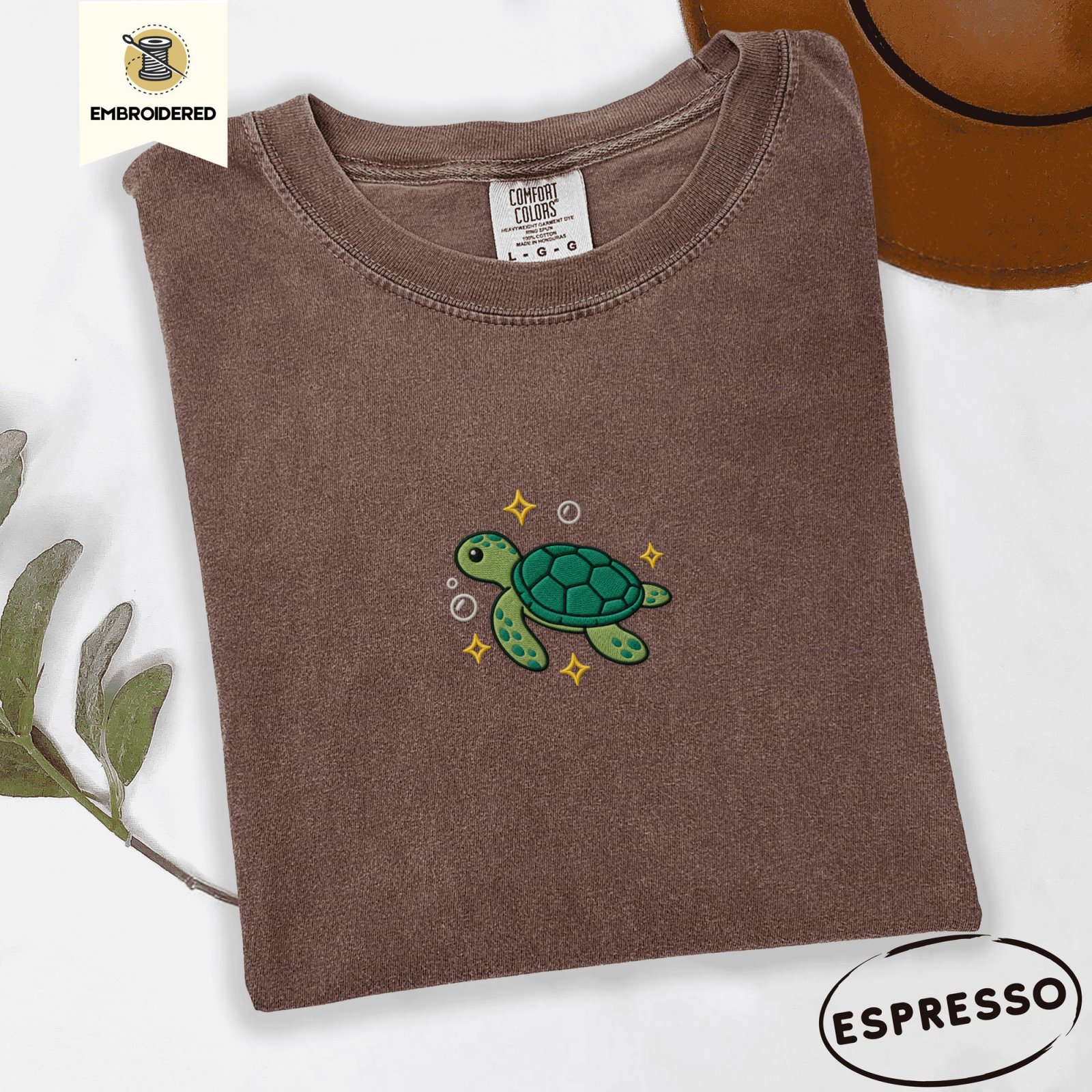 Espresso Sea Turtle and Sparkles Embroidered T-Shirt