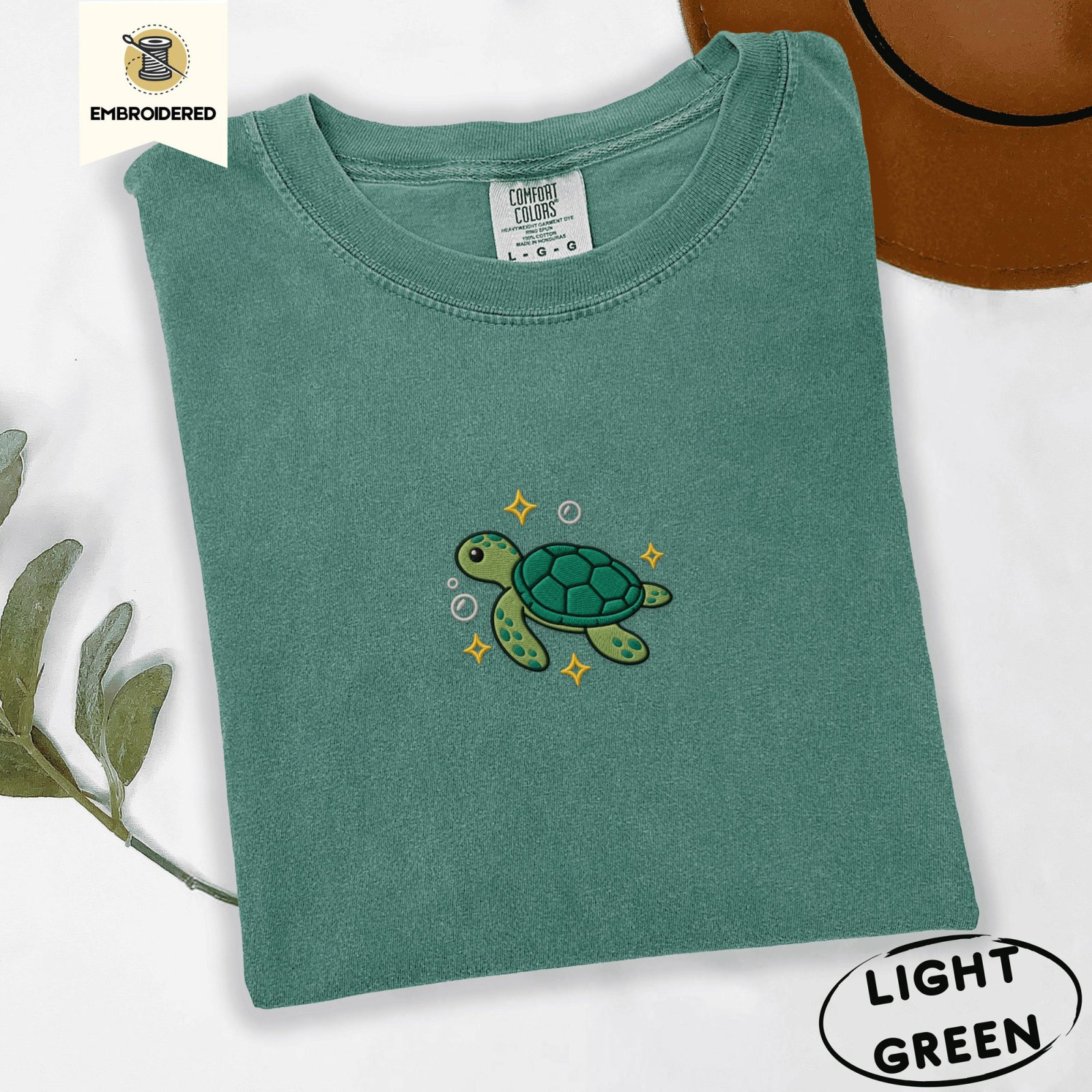 Light Green Sea Turtle and Sparkles Embroidered T-Shirt