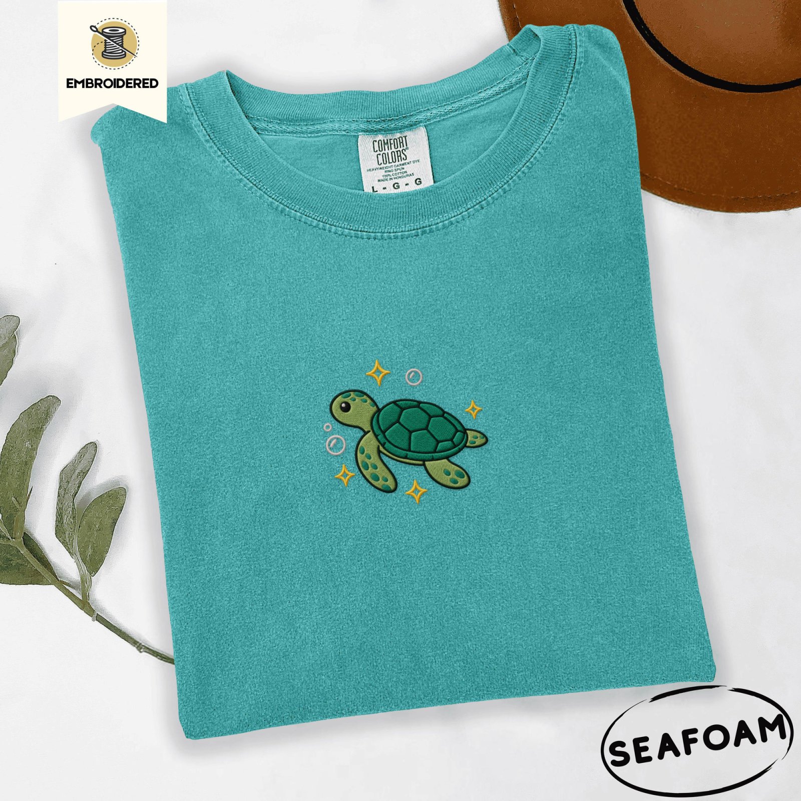 Seafoam Sea Turtle and Sparkles Embroidered T-Shirt