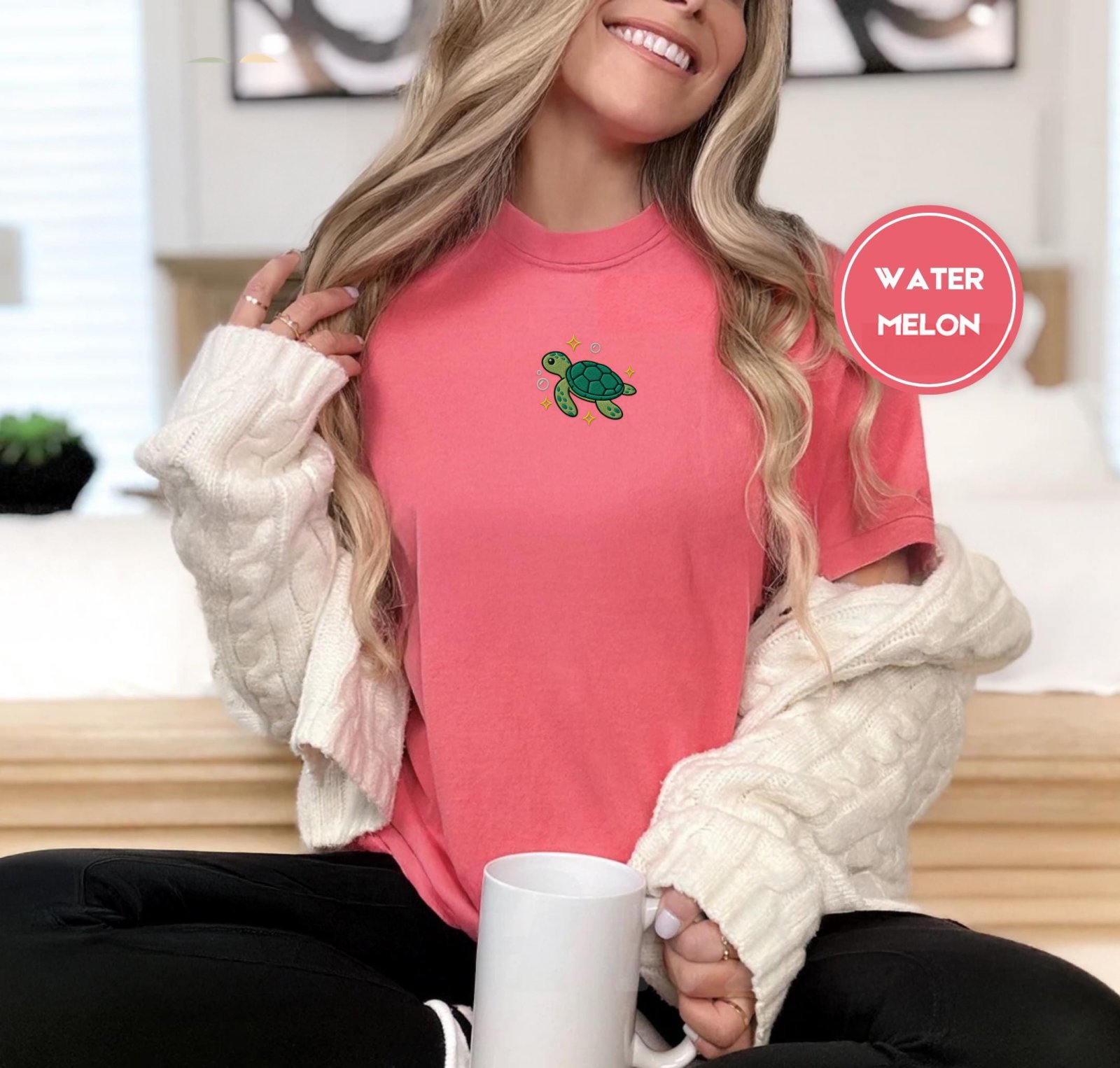 Person wearing a watermelon Sea Turtle and Sparkles Embroidered T-Shirt