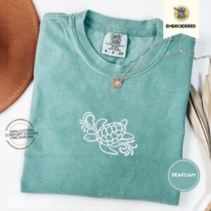 Seafoam Sea Turtle Waves Embroidered T-Shirt