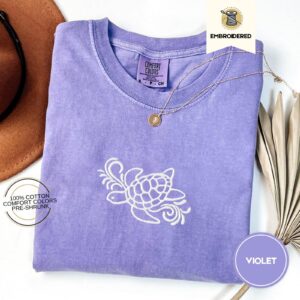 Violet Sea Turtle Waves Embroidered T-Shirt