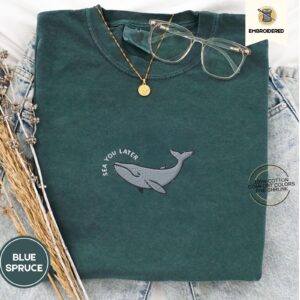 Blue Spruce Sea You Later Whale Embroidered T-Shirt