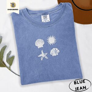 Blue Jean Seashells Sun and Starfish Embroidered T-Shirt