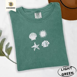 Light Green Seashells Sun and Starfish Embroidered T-Shirt