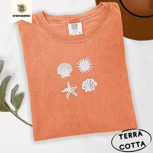 Terracotta Seashells Sun and Starfish Embroidered T-Shirt