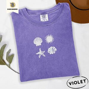 Violet Seashells Sun and Starfish Embroidered T-Shirt