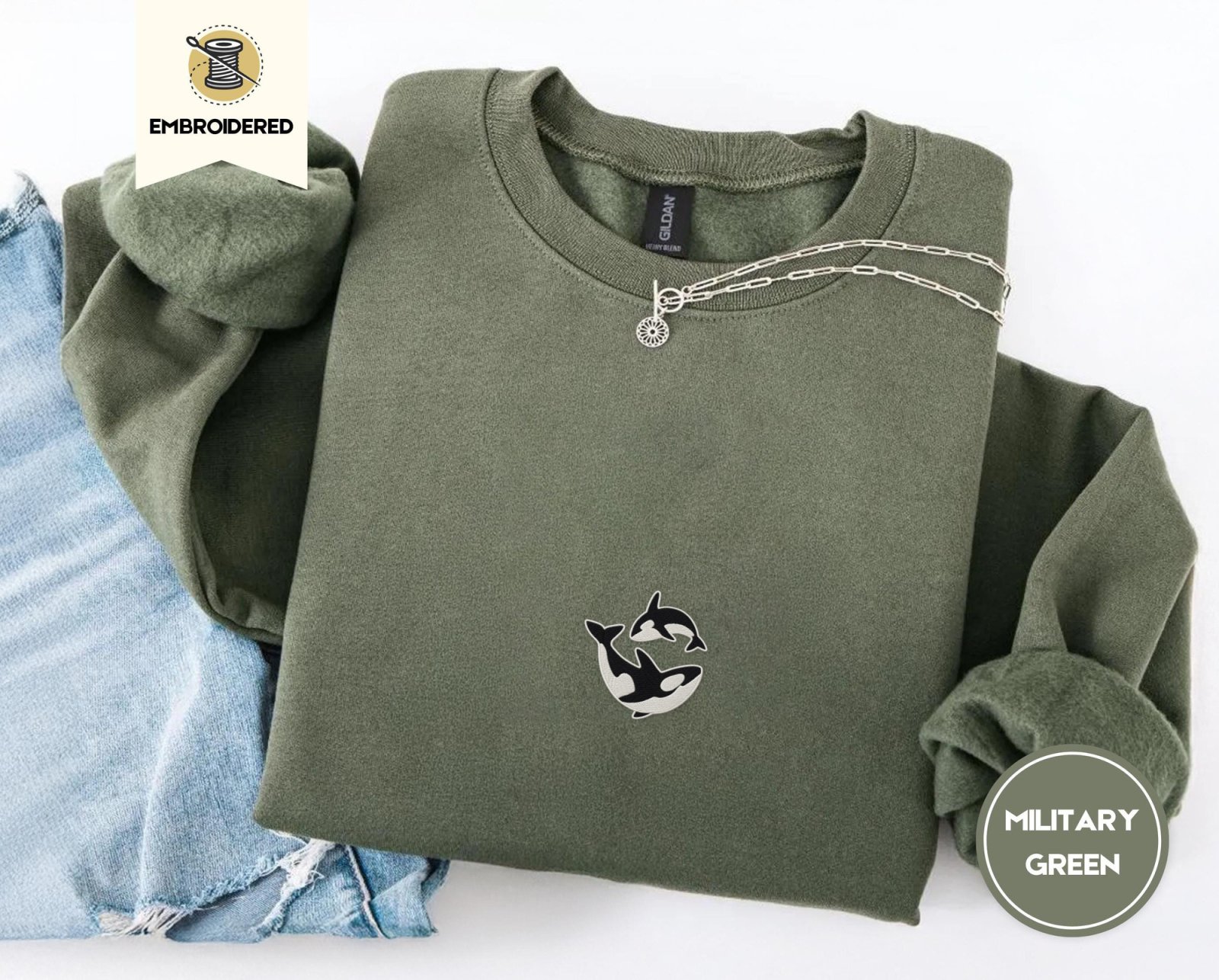 Military Green Seattle Orca Embroidered Sweatshirt