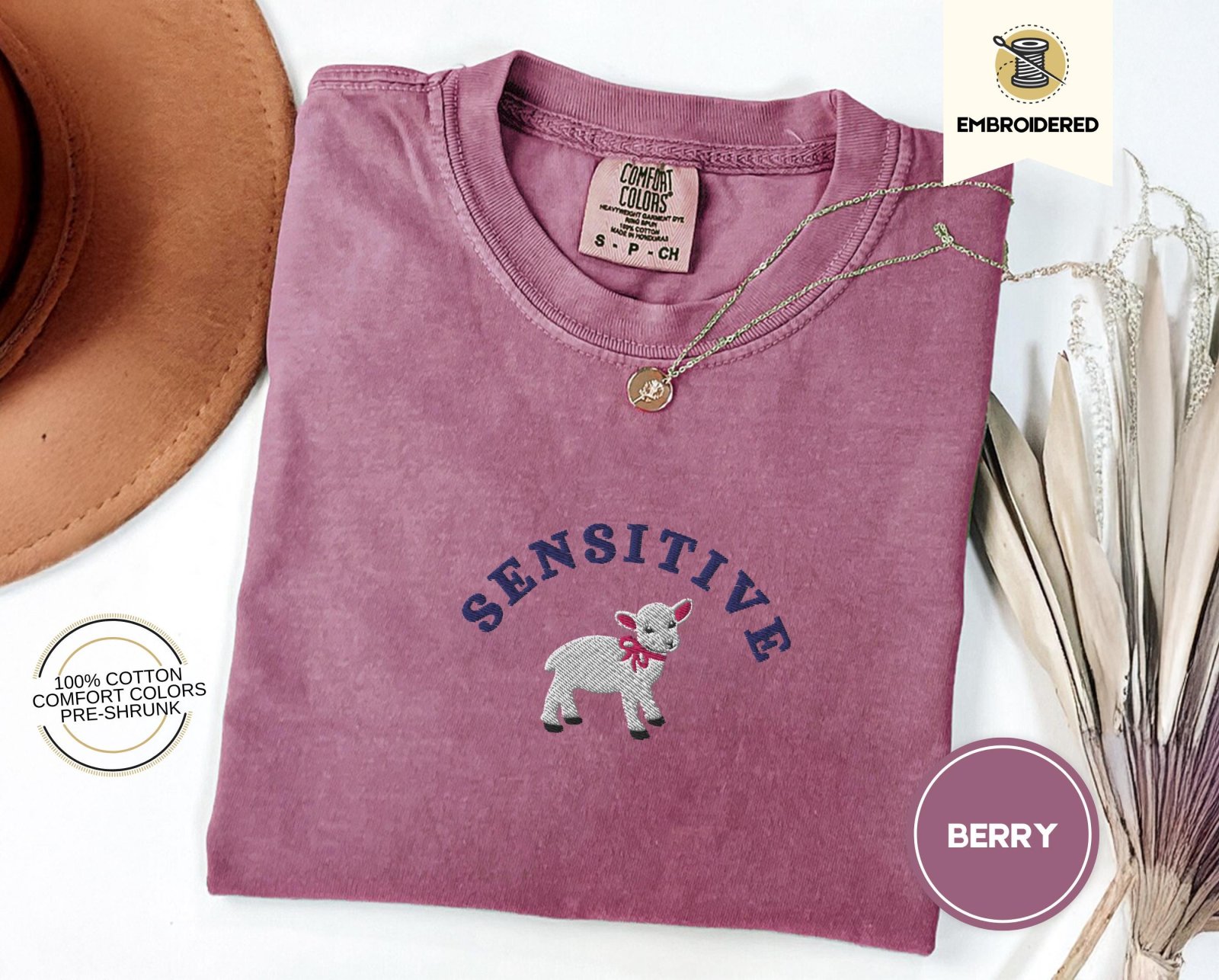 Berry Sensitive Lamb Embroidered T-Shirt