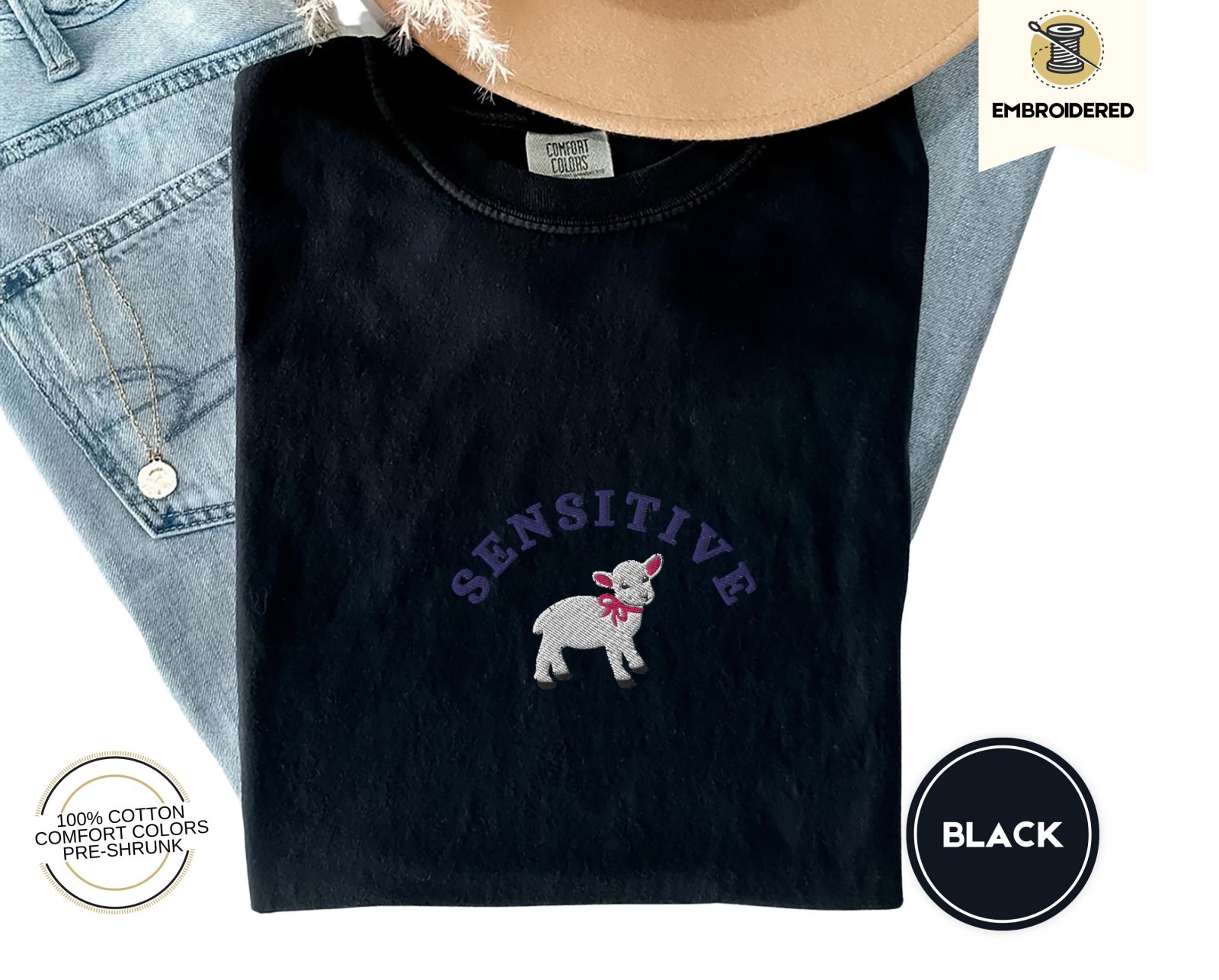Flat lay of the Sensitive Lamb Embroidered T-Shirt
