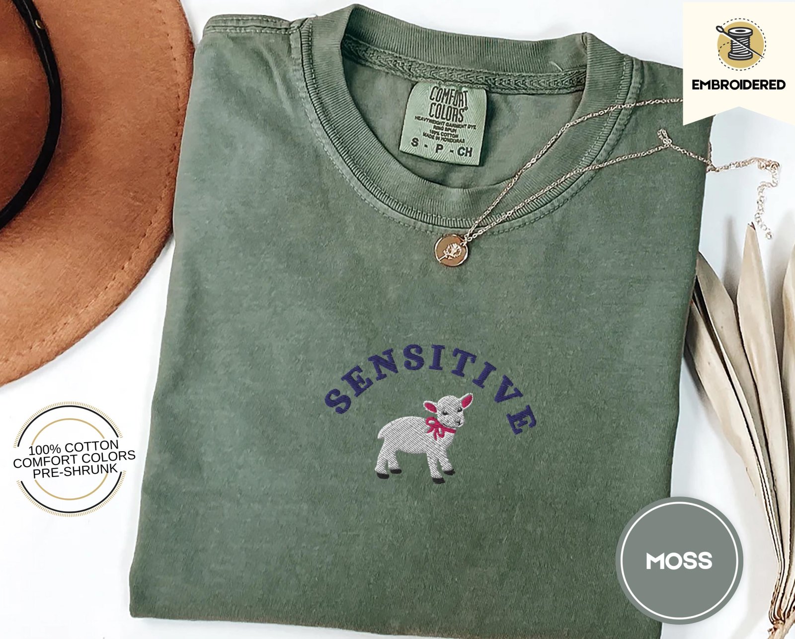 Moss Sensitive Lamb Embroidered T-Shirt