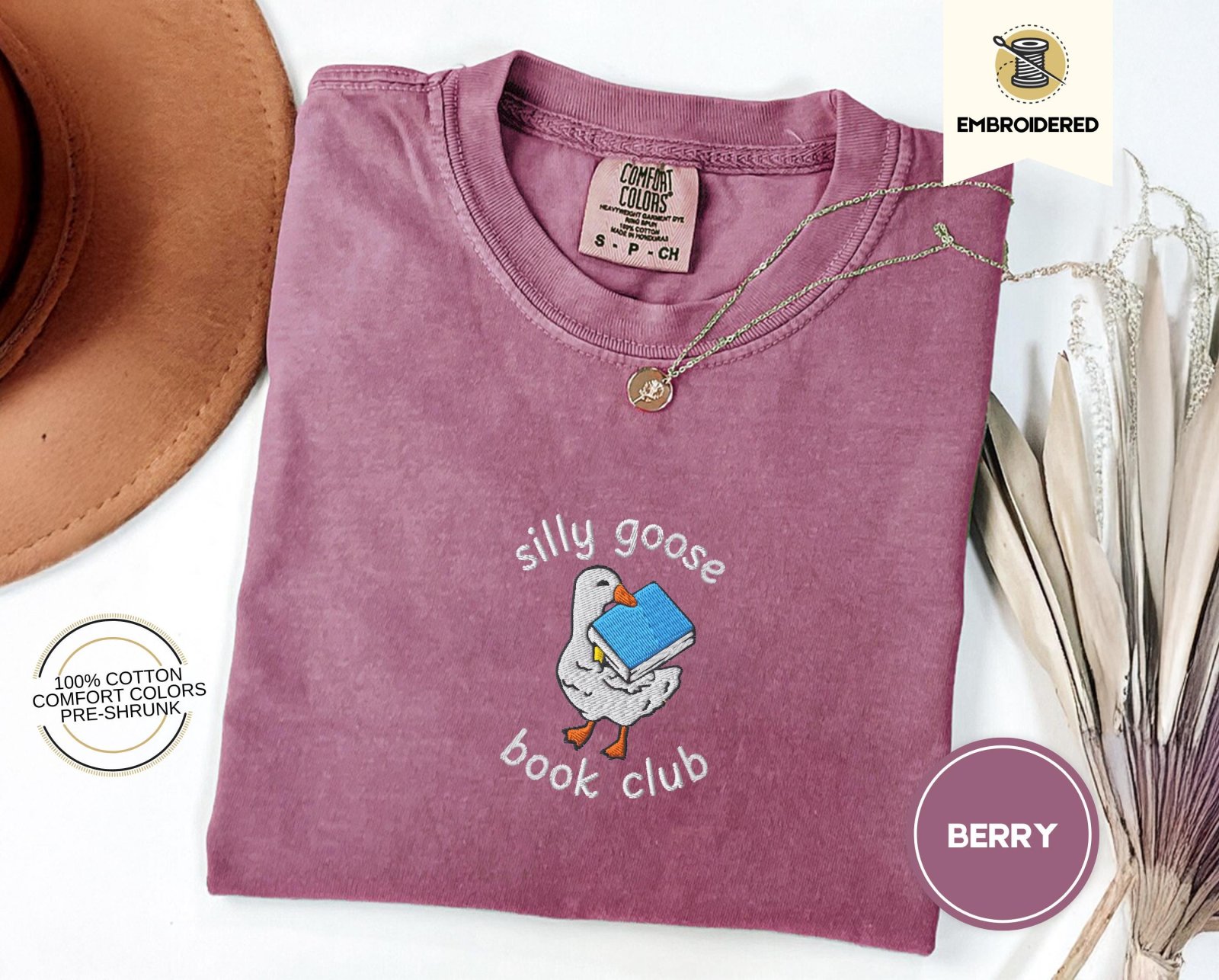 Berry Silly Goose Book Club Embroidered T-Shirt