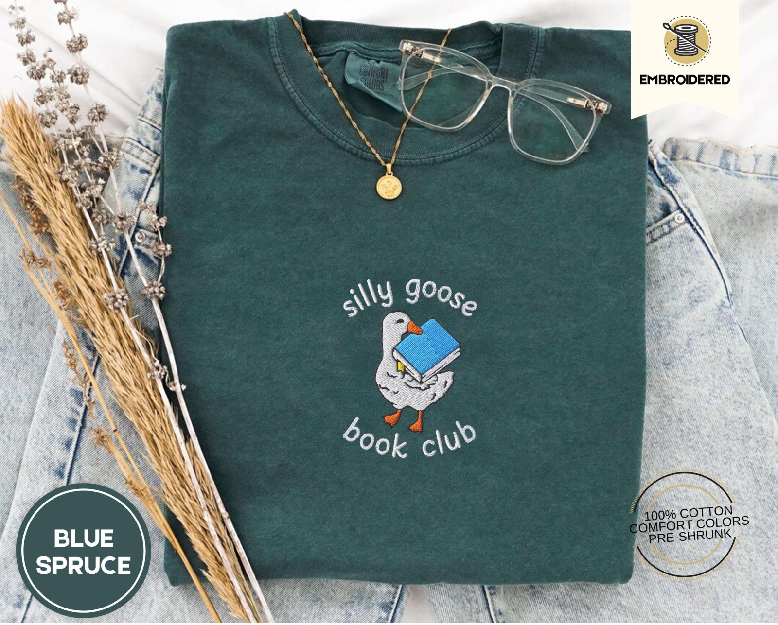 Blue Spruce Silly Goose Book Club Embroidered T-Shirt