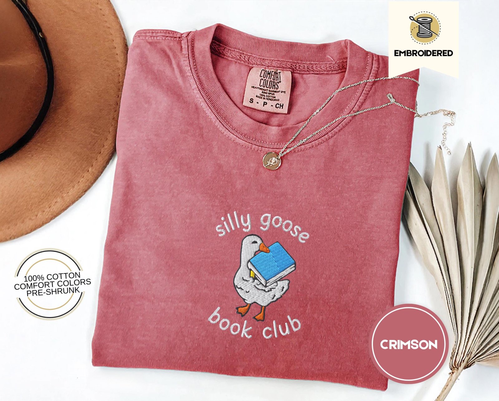 Crimson Silly Goose Book Club Embroidered T-Shirt