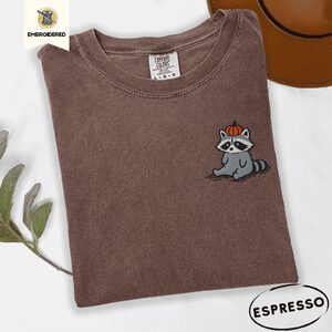 Espresso Sitting Raccoon With Pumpkin Hat Embroidered T-Shirt