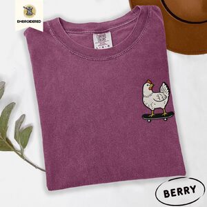 Berry Skateboarding Chicken Embroidered T-Shirt