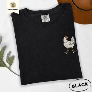 Black Skateboarding Chicken Embroidered T-Shirt