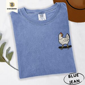 Blue Jean Skateboarding Chicken Embroidered T-Shirt