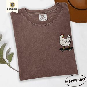 Espresso Skateboarding Chicken Embroidered T-Shirt