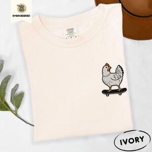 Ivory Skateboarding Chicken Embroidered T-Shirt